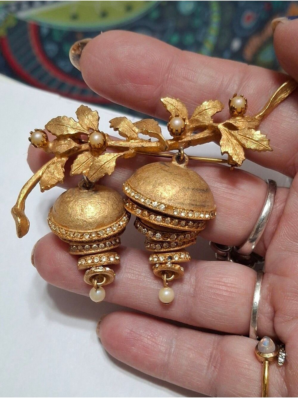 Vendome Gold-Tone Articulating Bells Brooch Pin with Pearls - Women Vintage